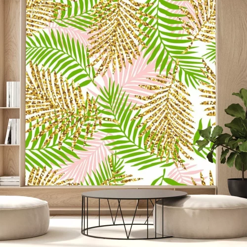 Sticker  Motif tropical sans soudure avec des feuilles de monstera et de palmier et une texture dorée dorée. Illustration vectorielle