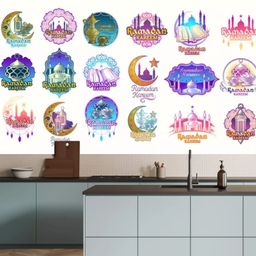 Sticker  Définissez des illustrations en couleur vectorielle, des badges, des emblèmes pour Ramadan Kareem. Grand ensemble de couleurs d'éléments de conception pour le salut du Ramadan
