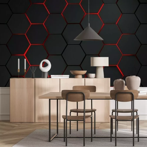 Papier peint  Hexagones noirs effet 3D sur fond rouge