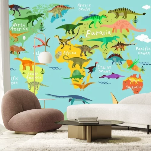Papier peint  Dinosaures sur une carte du monde
