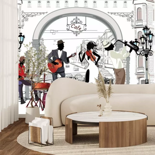 Sticker  Les musiciens de la rue dans la ville. Groupe de jazz. Illustration dessinée à la main avec des bâtiments rétro.