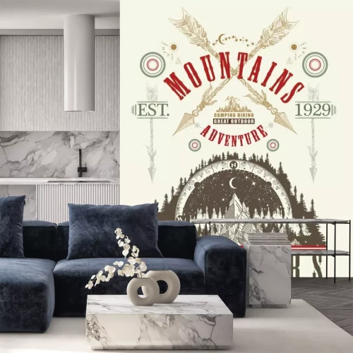 Sticker  Affiche en plein air. Art de tatouage des montagnes, conception de t-shirt. Montagnes, voyages symboliques, tourisme, sports extrêmes et escalade, style tribal montagnard