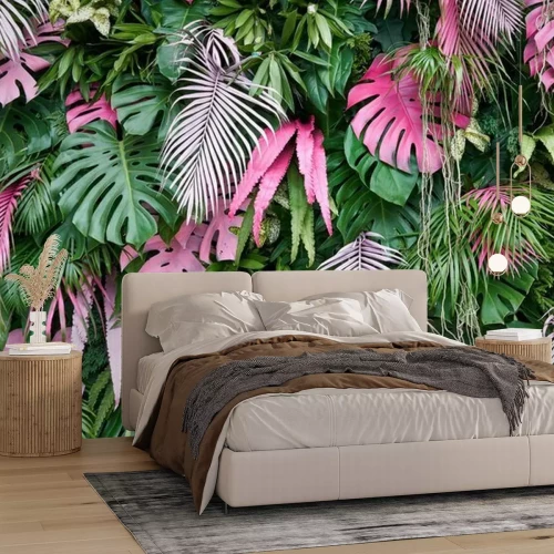 Papier peint  Feuilles tropicales vertes et roses