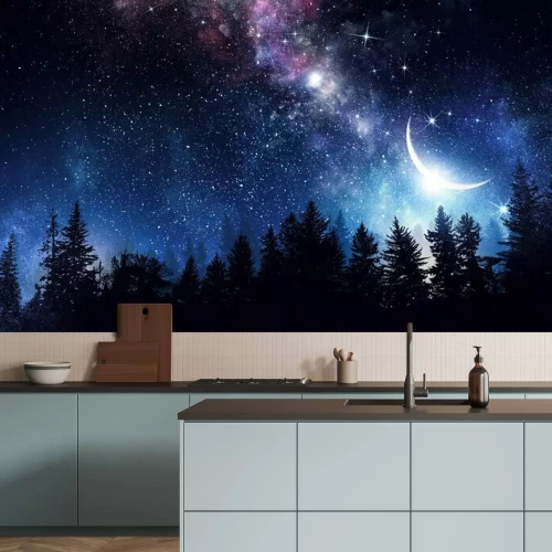 Papier peint  Ciel avec lune et étoiles au-dessus d'une forêt