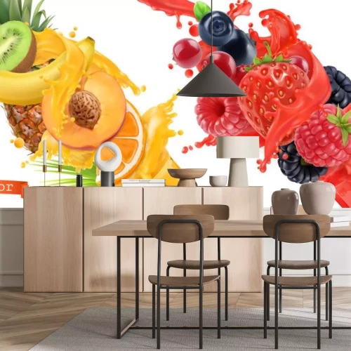 Sticker  Explosion de fruits. Éclaboussure de jus. Fruits tropicaux sucrés et baies forestières mixtes. Ensemble d'icônes 3d vectoriel réaliste