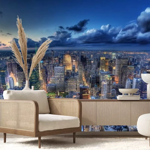 Papier peint  New York au crépuscule avec des gratte-ciel illuminés