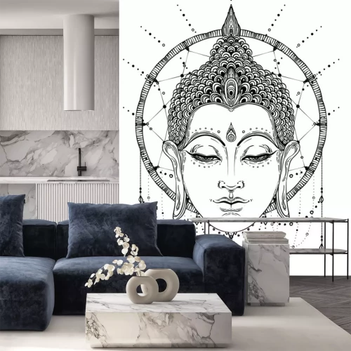 Sticker  Dessin noir et blanc d'un bouddha aux yeux fermés