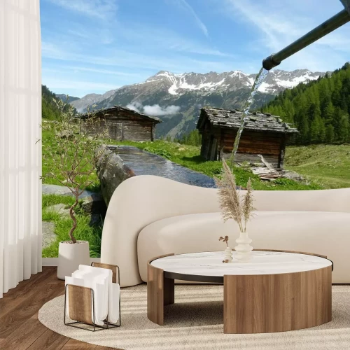 Papier peint  Des cabanes sur fond de montagnes