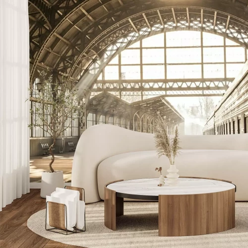 Papier peint  Station de train coucher de soleil couvert coucher de soleil en sépia. Transport et plate-forme avec toit de construction. Voyage en train sur le chemin de fer