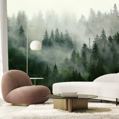 Papier peint  Paysage brumeux avec forêt de sapin dans le style rétro vintage hipster