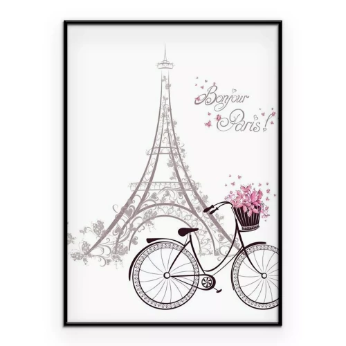 Poster  Bonjour texte Paris avec la tour Eiffel et vélo