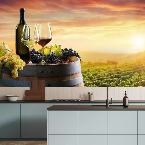 Papier peint  Bouteilles de vin, verres et vigne