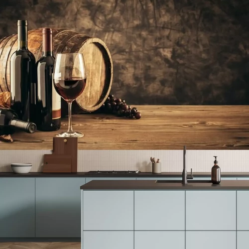 Papier peint  Tonneaux de vin et verres de dégustation