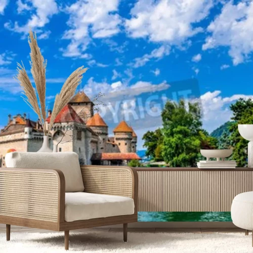 Papier peint  Château au bord du lac en Suisse