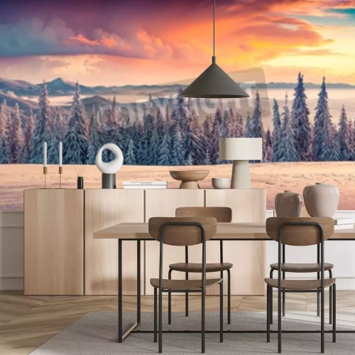 Papier peint  Lever de soleil derrière les arbres de Noël de la montagne