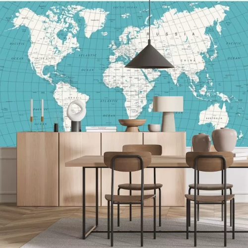 Papier peint  Une carte du monde politique bleue et blanche de style vintage