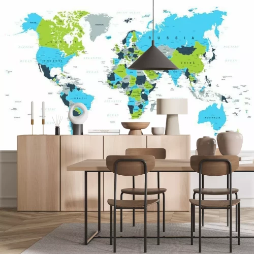 Papier peint  Carte politique du monde avec une prédominance de bleu et de vert