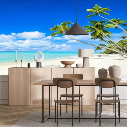 Papier peint  Panorama de plage avec mer et palmiers