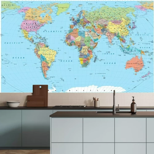 Papier peint  Carte du monde coloré - frontières, pays, routes et villes